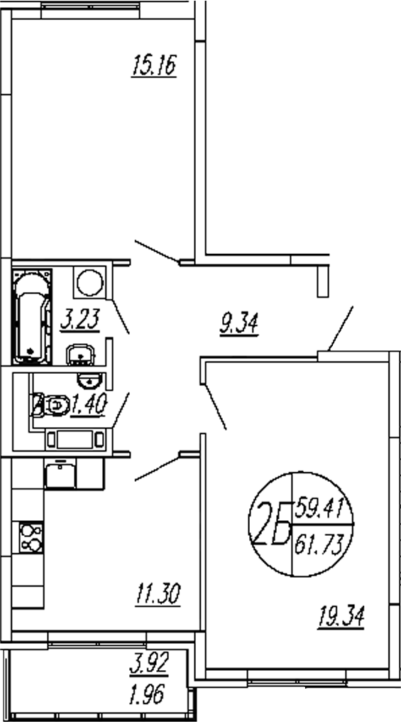 2-комн., 59.77 м², 1/4 этаж, ЖК «Шолохово»