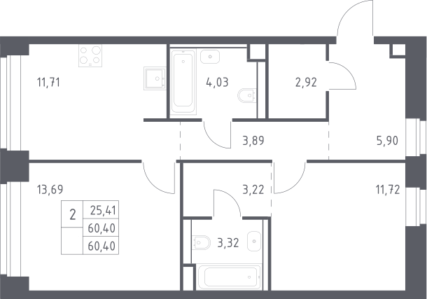 2-комн., 60.4 м², 2/12 этаж, ЖК «НОВА»