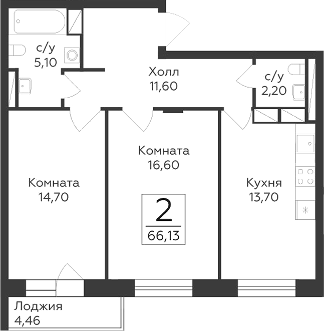 2-комн., 63.9 м², 8/17 этаж, ЖК «Малаховский»