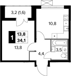 1-комн., 32.5 м², 11/22 этаж, ЖК «Южная Битца»