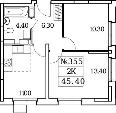 2-комн., 45.4 м², 10/25 этаж, ЖК «Облака 2.0»