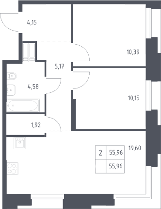 3-комн., 55.96 м², 5/23 этаж, ЖК «Тропарево Парк»