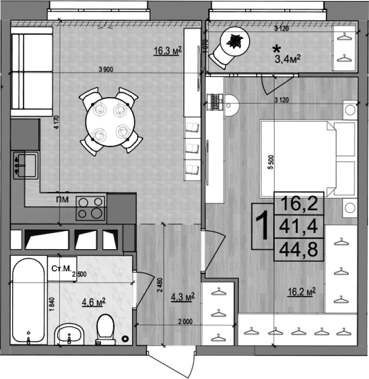 2-комн., 41.4 м², 16/18 этаж, ЖК «Гранд Комфорт»