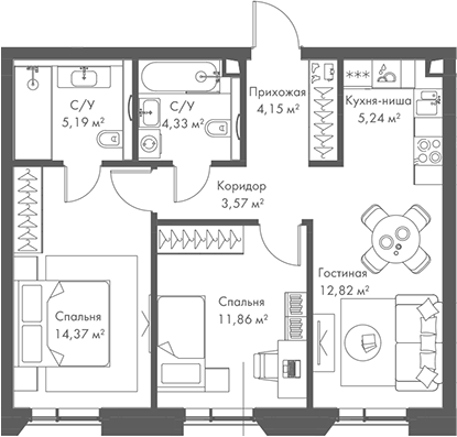 3-комн., 61.53 м², 5/22 этаж, ЖК «МИРА»