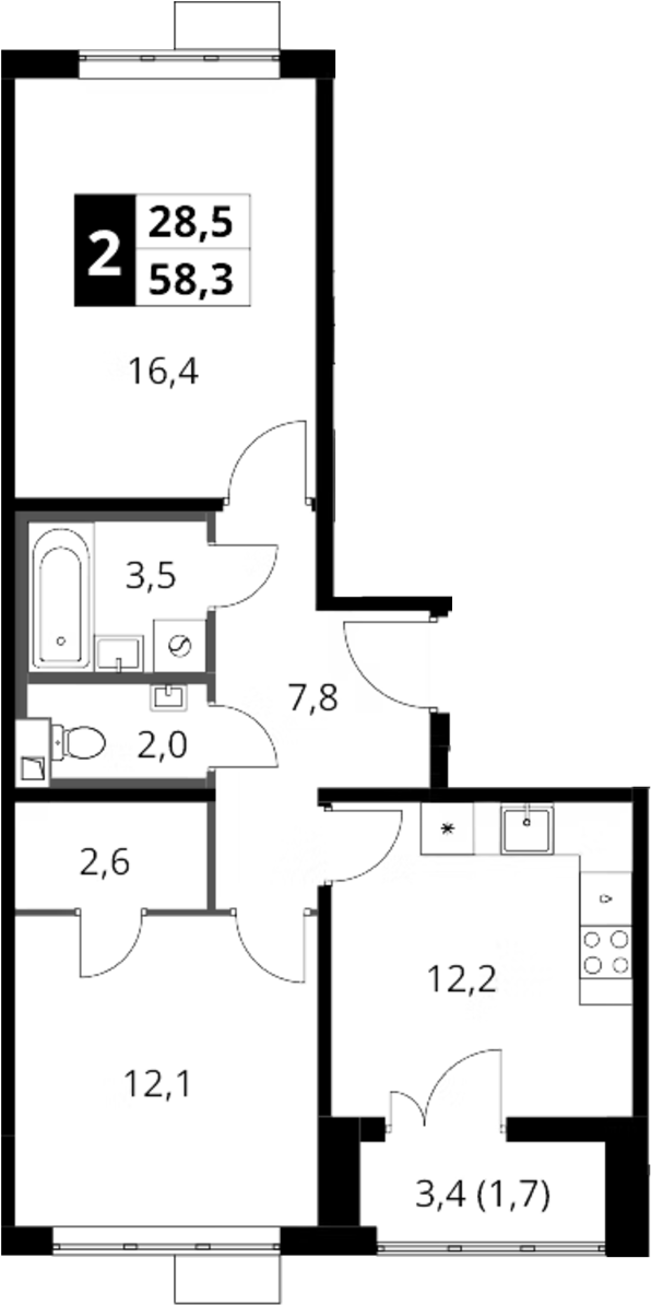 2-комн., 56.6 м², 9/16 этаж, ЖК «1-й Шереметьевский»