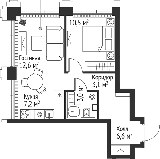 2-комн., 43 м², 12/45 этаж, ЖК «СЕТ»