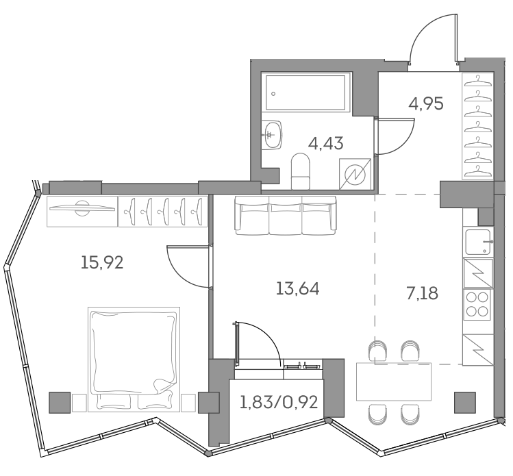 2-комн., 46.12 м², 23/28 этаж, ЖК «Аквилон БИСАЙД 2.0»