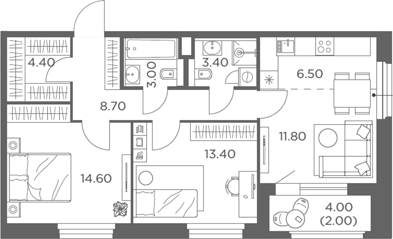 3-комн., 65.8 м², 16/20 этаж, ЖК «Белый Град»
