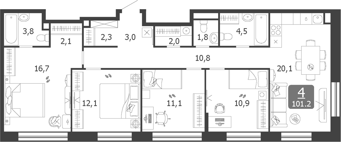 4+ комнаты, 101.2 м², 19/19 этаж, ЖК «Шагал»