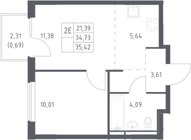 2-комн., 34.73 м², 13/17 этаж, ЖК «Мытищи Парк»