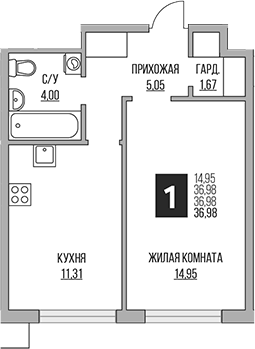 2-комн., 36.98 м², 2/12 этаж, ЖК «Гранель Притяжение Сити»