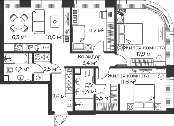 4+ комнаты, 84.8 м², 23/25 этаж, ЖК «Веер»