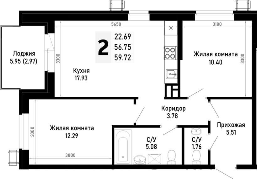 2-комн., 56.75 м², 3/4 этаж, ЖК «Усадьба Гостагаевская»