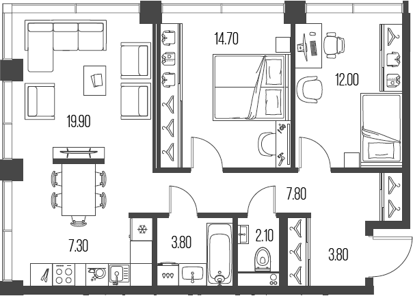 2-комн., 71.4 м², 18/19 этаж, ЖК «Северный Порт»