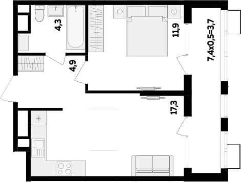 1-комн., 38.4 м², 15/16 этаж, ЖК «МегаСити»