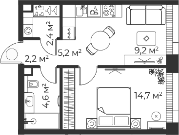 2-комн., 38.4 м², 15/35 этаж, ЖК «Веер»