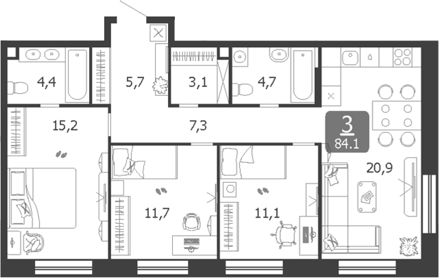 4+ комнаты, 84.1 м², 7/19 этаж, ЖК «Шагал»