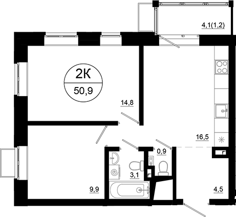 2-комн., 49.7 м², 13/21 этаж, ЖК «Союзный»