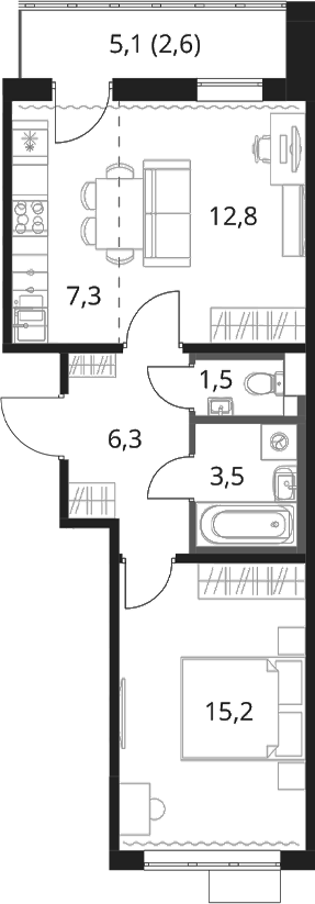 2-комн., 46.6 м², 3/16 этаж, ЖК «1-й Шереметьевский»