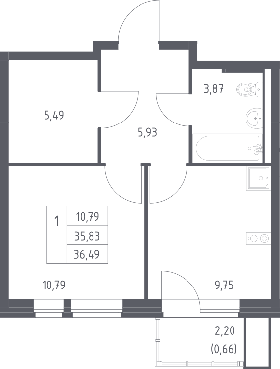 1-комн., 35.83 м², 7/12 этаж, ЖК «Квартал Авиаторов»