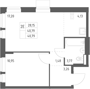 2-комн., 40.79 м², 12/17 этаж, ЖК «Квартал Авиаторов»