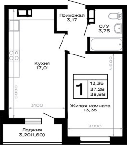 1-комн., 37.28 м², 4/16 этаж, ЖК «Горные высоты»