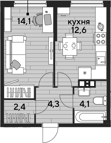 1-комн., 37.5 м², 9/19 этаж, ЖК «DОГМА ПАРК»