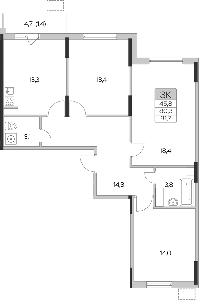 3-комн., 80.3 м², 2/9 этаж, ЖК «Пироговская ривьера. Мытищи»