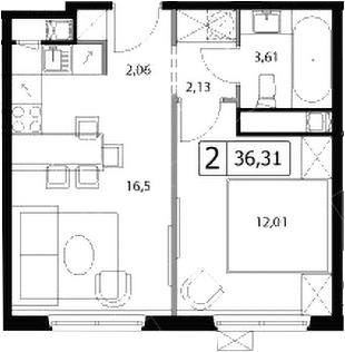 2-комн., 36.31 м², 6/17 этаж, ЖК «У реки.Эко Видное 2.0»