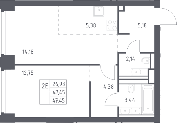 2-комн., 47.45 м², 26/40 этаж, ЖК «НОВА»