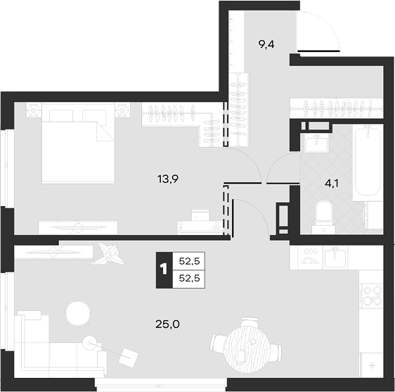 1-комн., 52.47 м², 5/17 этаж, ЖК «Луиджи»