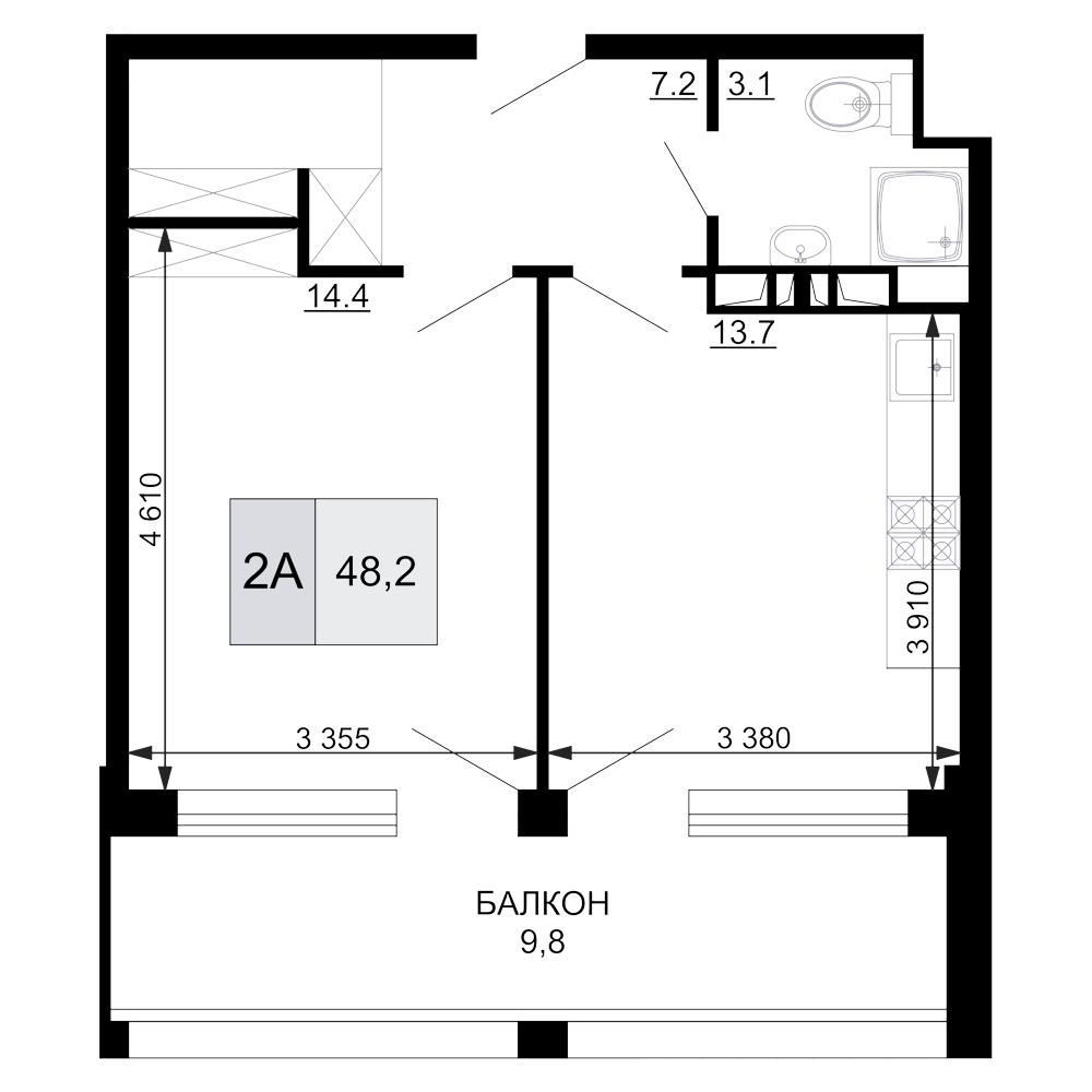 2-комн., 38.4 м², 4/9 этаж, ЖК «Гостиничный комплекс Мореград»