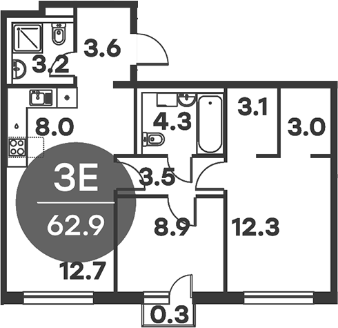 3-комн., 62.6 м², 3/6 этаж, ЖК «Равновесие»