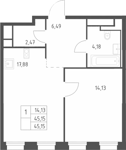 2-комн., 45.15 м², 14/24 этаж, ЖК «Квартал на воде»