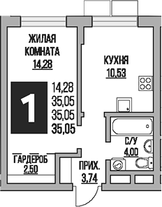 1-комн., 35.05 м², 5/8 этаж, ЖК «Гранель Живописный»