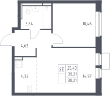2-комн., 38.21 м², 11/12 этаж, ЖК «Новое Видное»