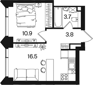 2-комн., 34.9 м², 27/44 этаж, ЖК «РАКУРС»