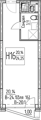 Студия, 23.25 м², 14/16 этаж, ЖК «Аметист»