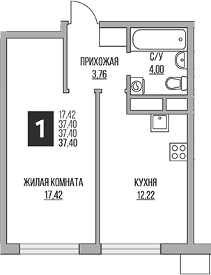 2-комн., 37.4 м², 3/14 этаж, ЖК «Гранель Притяжение Сити»