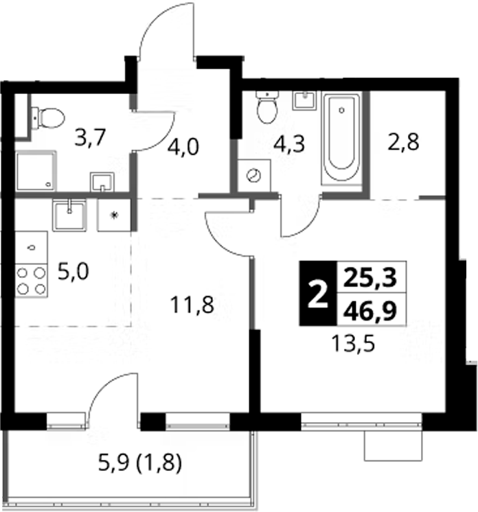 2-комн., 45.1 м², 8/9 этаж, ЖК «1-й Ясеневский»