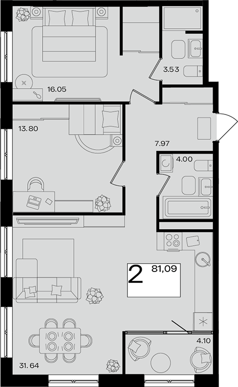 3-комн. квартира, 79.04 м² в ЖК Патрики — фото 2