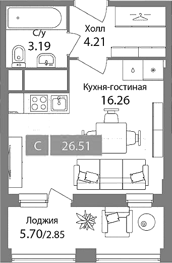Студия, 23.66 м², 12/12 этаж, ЖК «Планерный квартал»