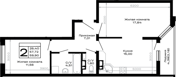 2-комн. квартира, 57.72 м² в ЖК Горные высоты — фото 2