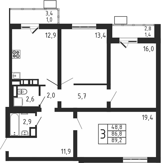 3-комн., 86.8 м², 4/9 этаж, ЖК «Пироговская ривьера. Мытищи»