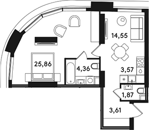2-комн., 53.82 м², 27/49 этаж, ЖК «СОЛОС»