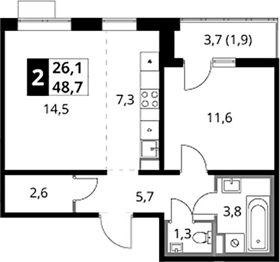 2-комн., 46.8 м², 15/24 этаж, ЖК «1-й Южный»