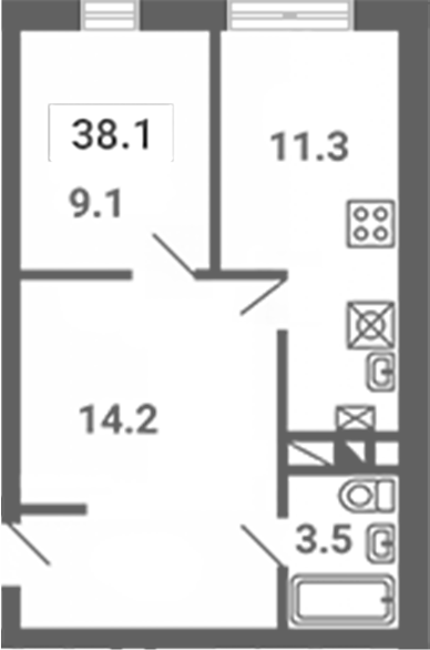 2-комн., 38.1 м², 1/4 этаж, ЖК «Южная Долина»