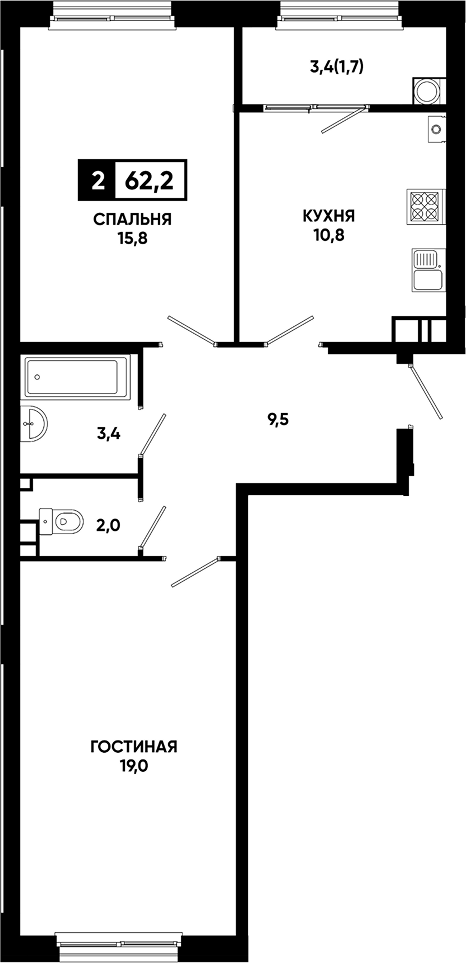 2-комн., 60.5 м², 10/18 этаж, ЖК «Резиденция Софи»