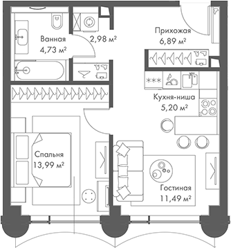 2-комн., 45.28 м², 4/17 этаж, ЖК «МИРА»