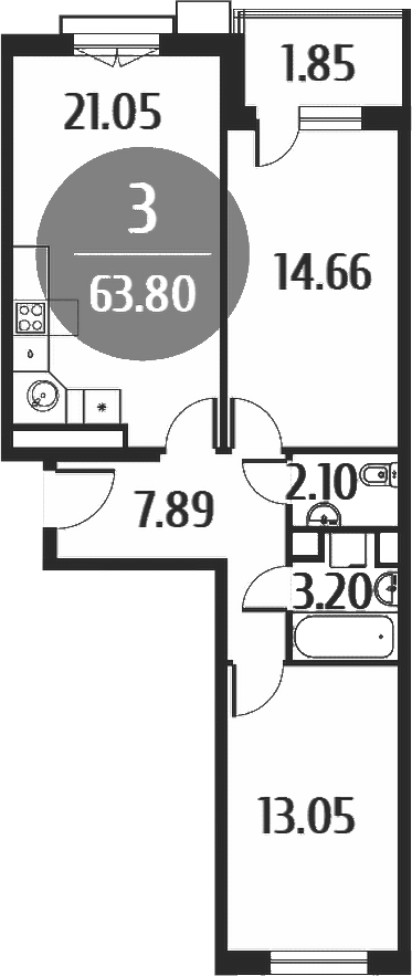 3-комн., 61.95 м², 5/5 этаж, ЖК «Равновесие»